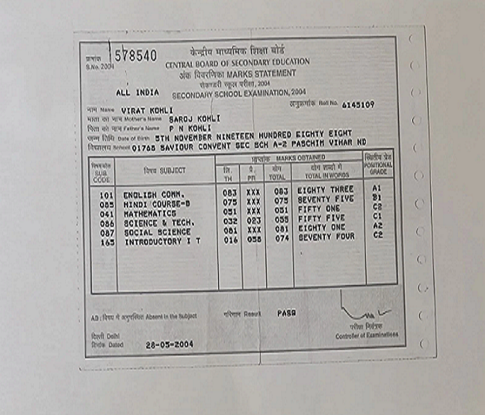 ویرات کوہلی نے میٹرک میں کتنے مارکس لیے؟ مارک شیٹ سوشل میڈیا پر وائرل